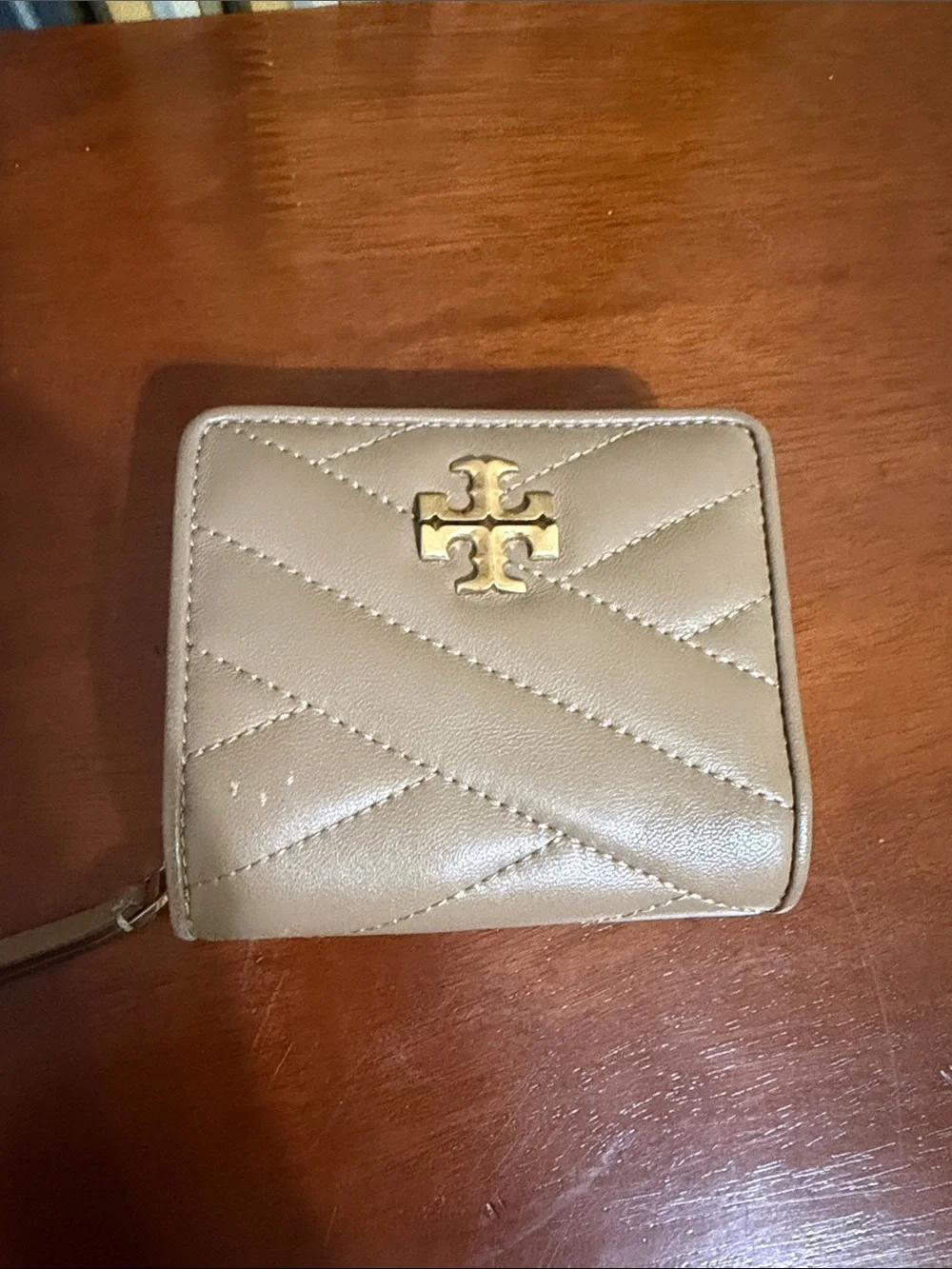 Tory Burch Quilted Zip Wallet in Taupe with Gold Logo